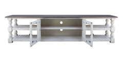 93" Gray and Ivory Solid Wood Cabinet Enclosed Storage Distressed TV Stand
