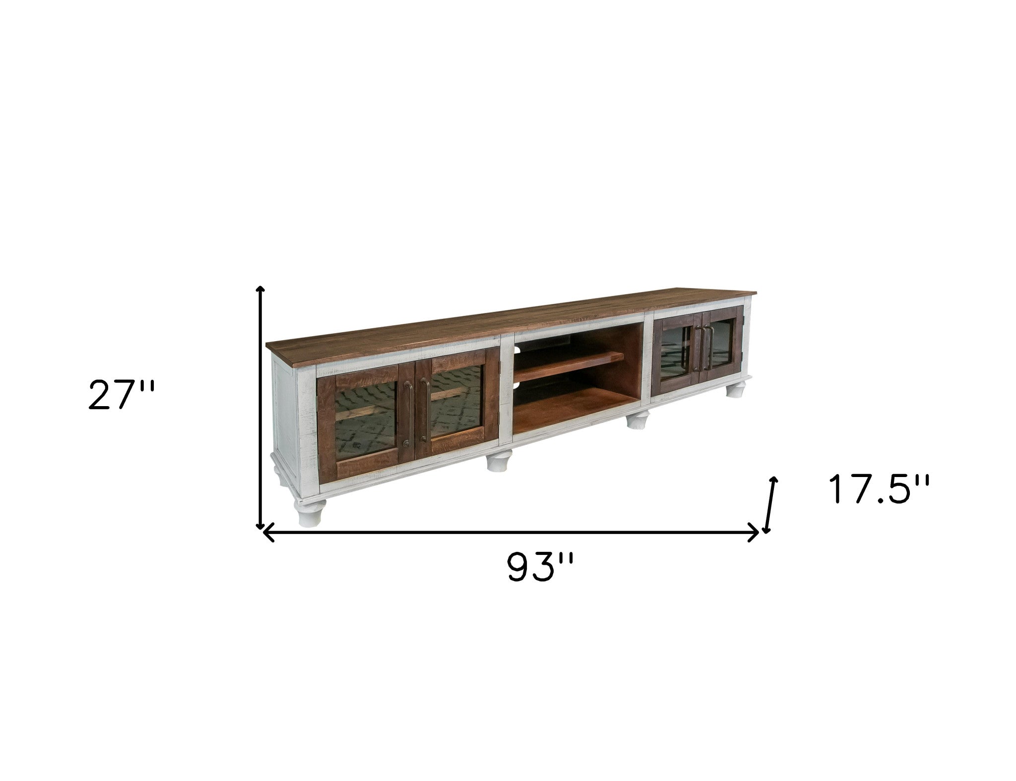 93" Brown and Ivory Solid Wood Cabinet Enclosed Storage Distressed TV Stand