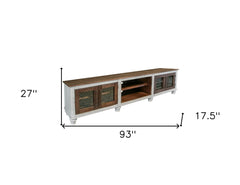 93" Brown and Ivory Solid Wood Cabinet Enclosed Storage Distressed TV Stand