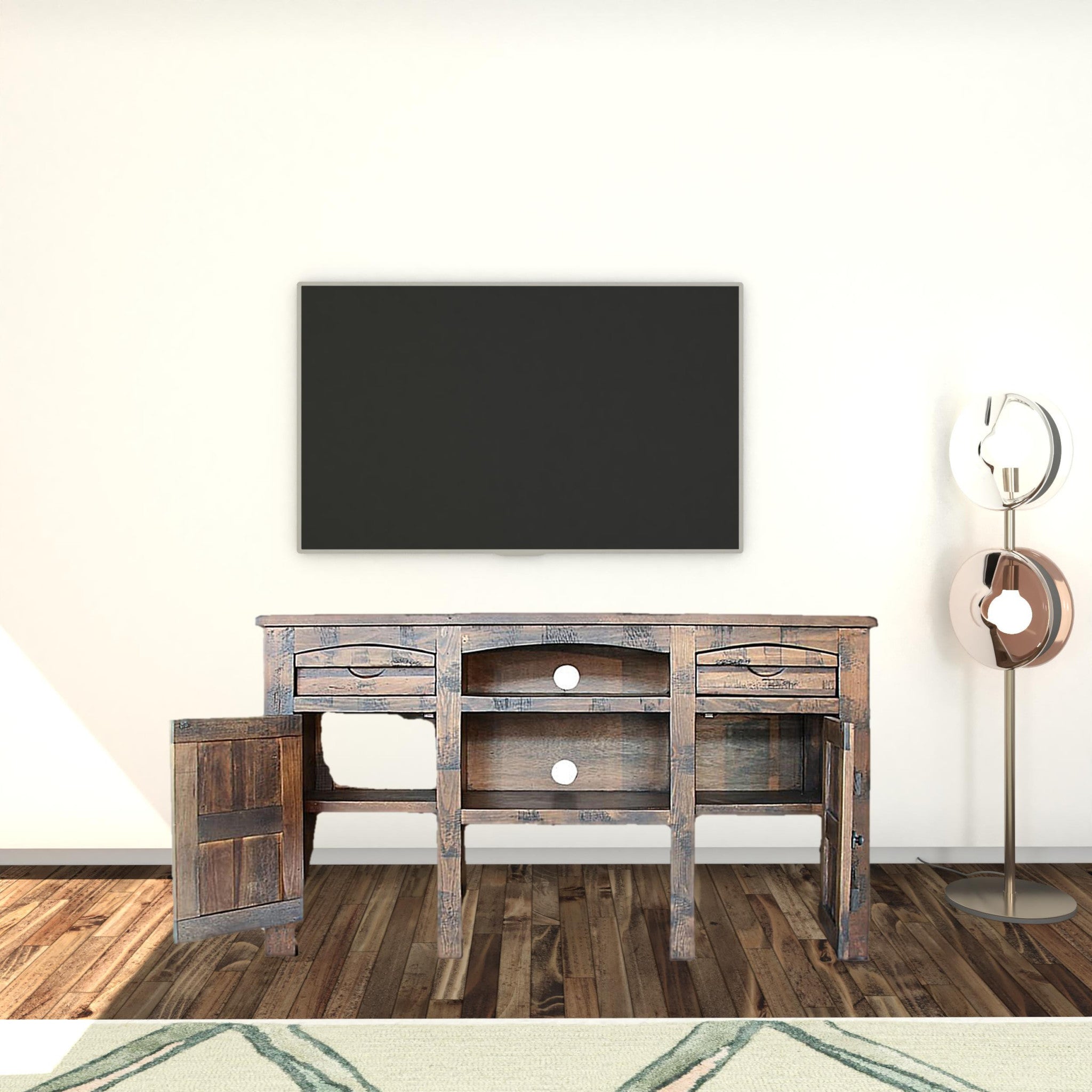 60" Brown Solid Wood Cabinet Enclosed Storage Distressed TV Stand