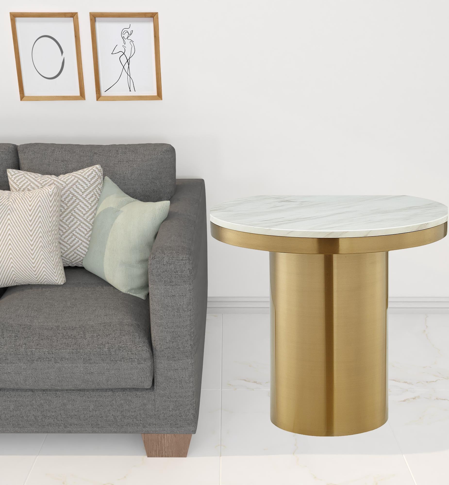 22" Gold and White Genuine Marble Round End Table