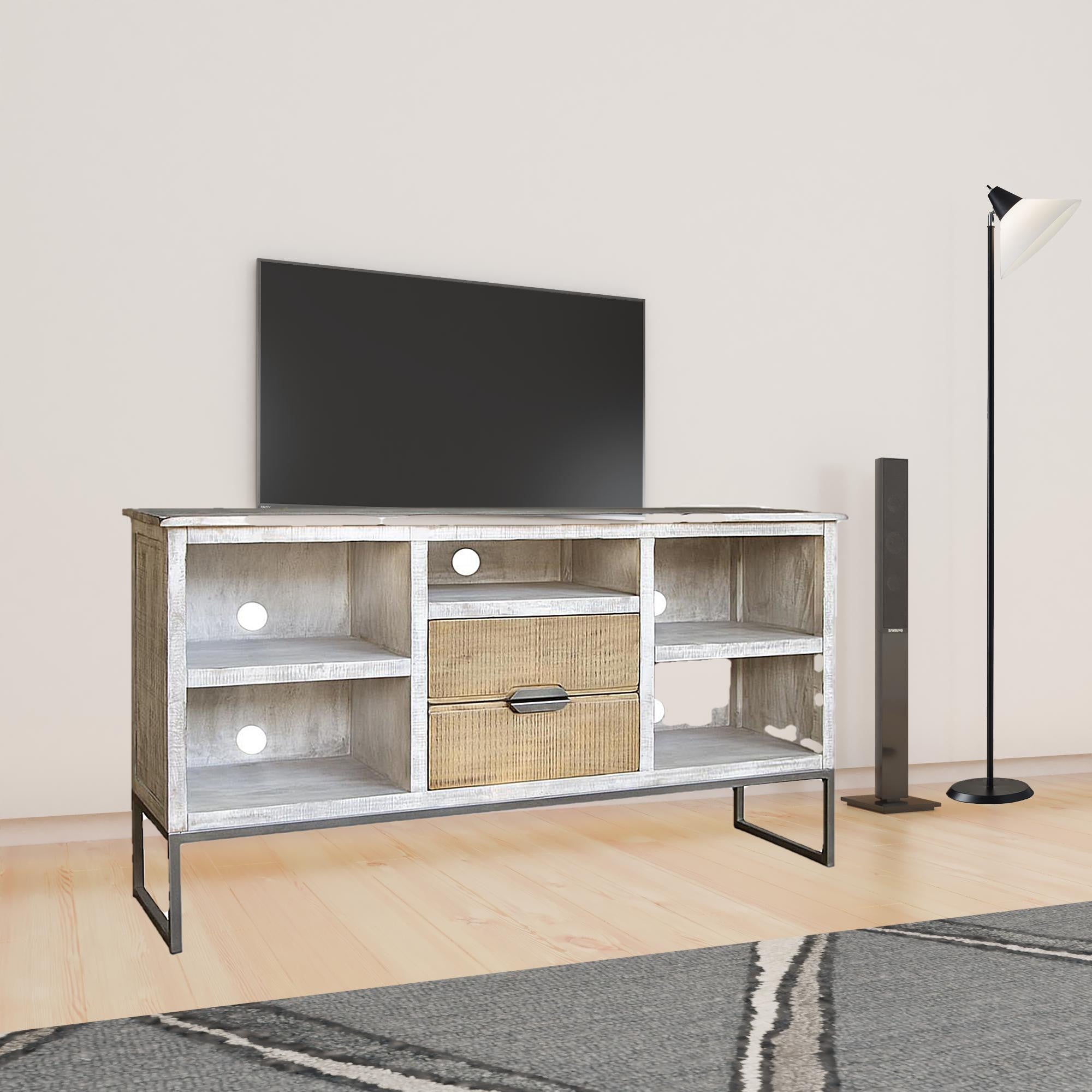 70" Light Gray Solid Wood Open shelving Distressed TV Stand