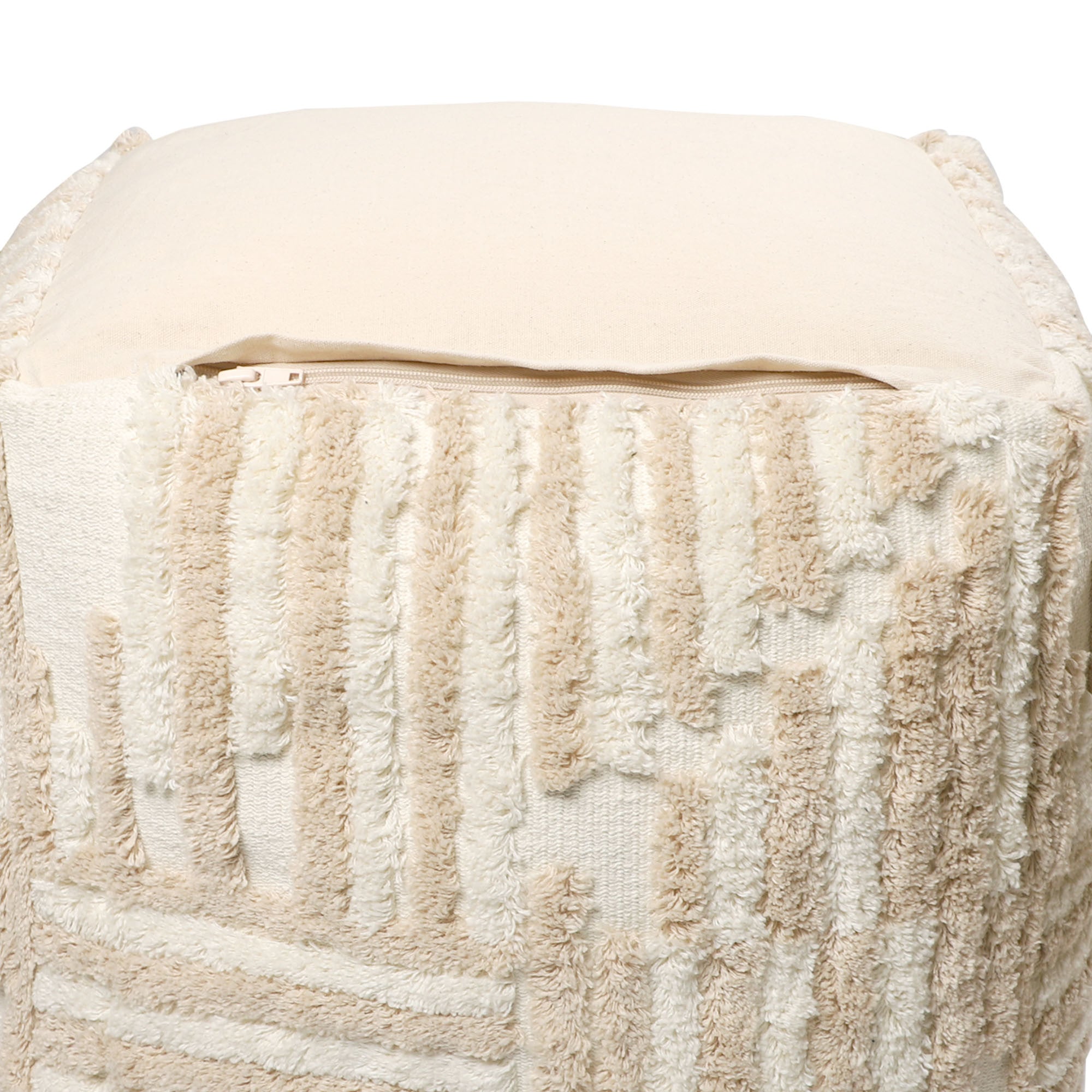 18" Beige Cotton Cube Striped Pouf Ottoman