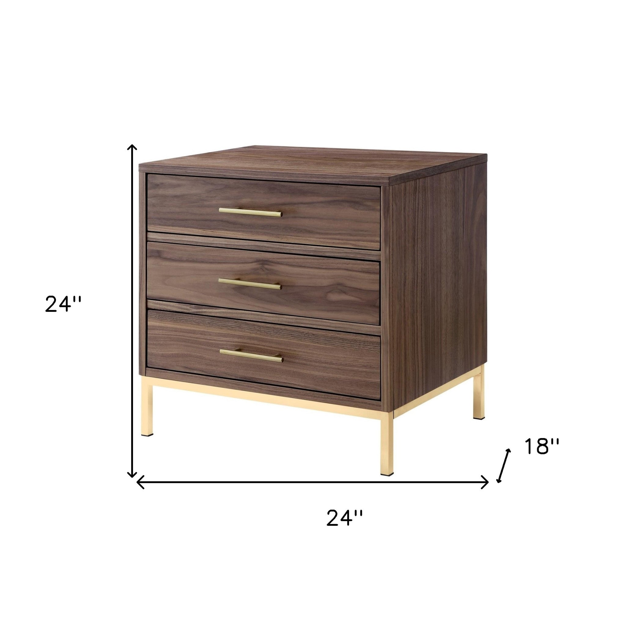 24" Gold and Wood Brown Veneer End Table with Three Drawers