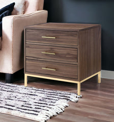 24" Gold and Wood Brown Veneer End Table with Three Drawers