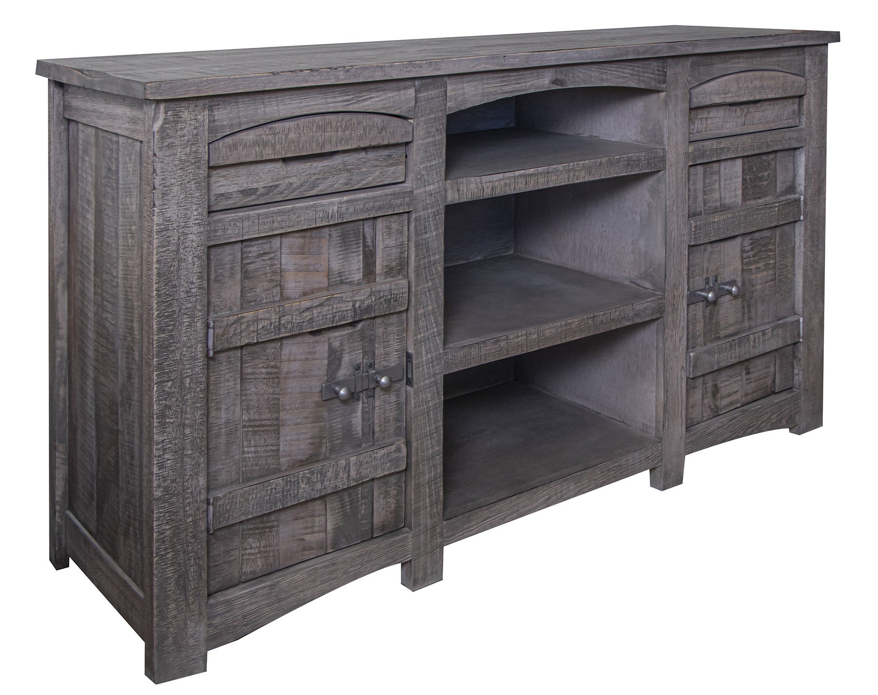 60" Gray Solid Wood Cabinet Enclosed Storage Distressed TV Stand