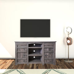 60" Gray Solid Wood Cabinet Enclosed Storage Distressed TV Stand