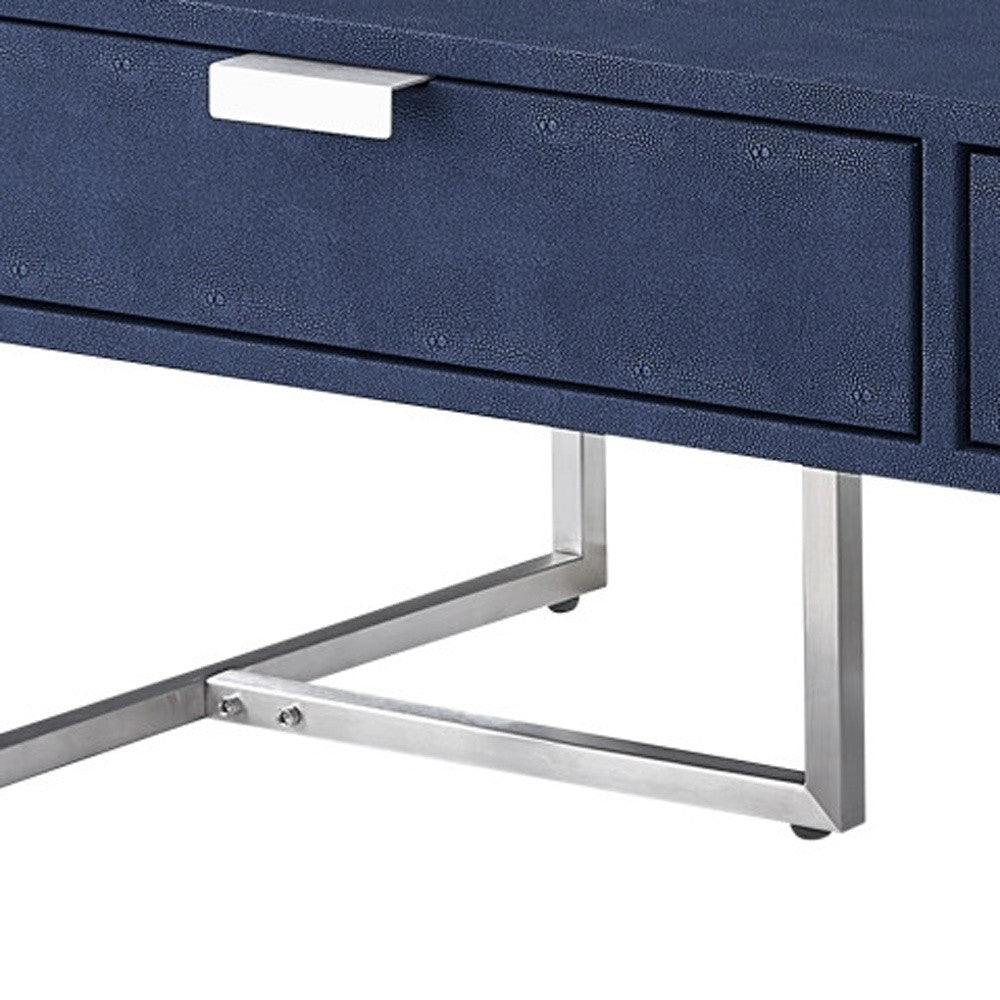 46" Navy Blue And Silver Metallic Stainless Steel Coffee Table With Two Drawers