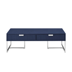 46" Navy Blue And Silver Metallic Stainless Steel Coffee Table With Two Drawers