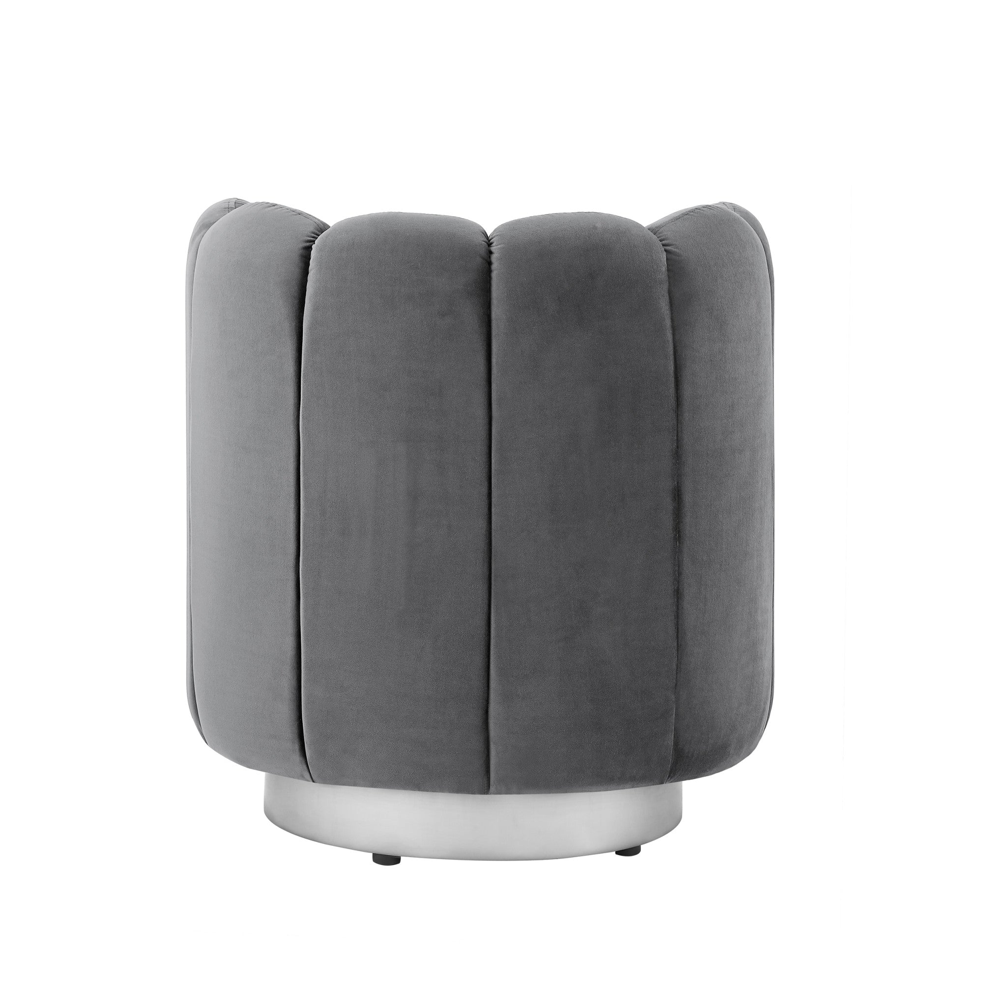 27" Light Gray And Silver Velvet Tufted Swivel Barrel Chair