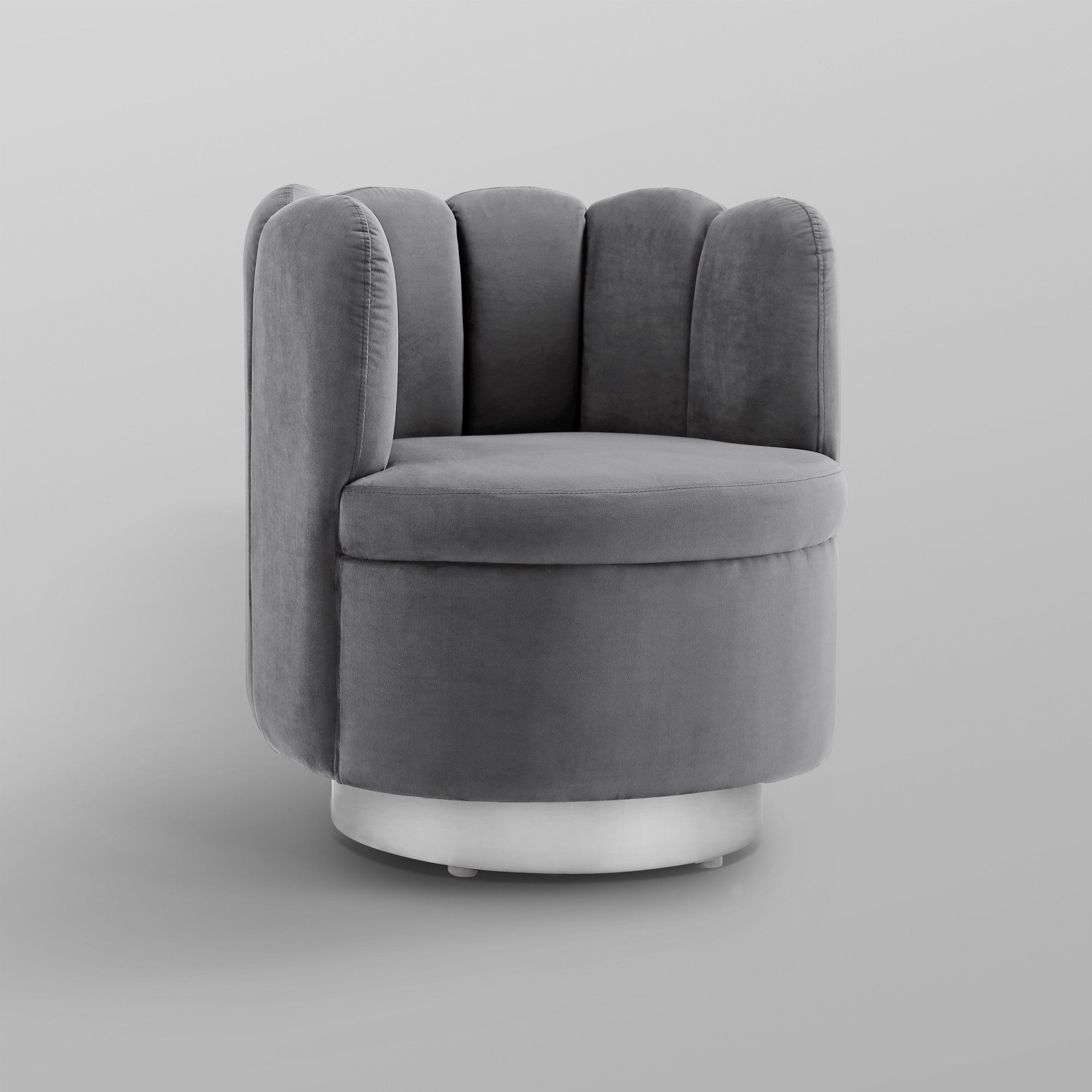 27" Light Gray And Silver Velvet Tufted Swivel Barrel Chair