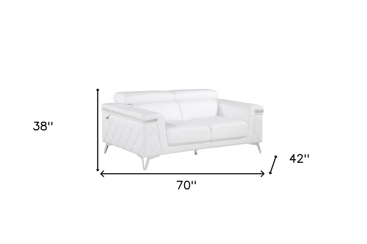 70" White And Silver Metallic Leather Loveseat