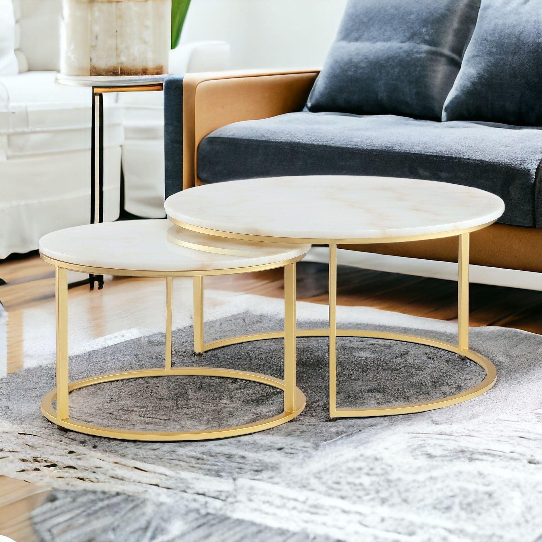 Set of Two 31" White And Gold Genuine Marble And Iron Round Nested Coffee Tables