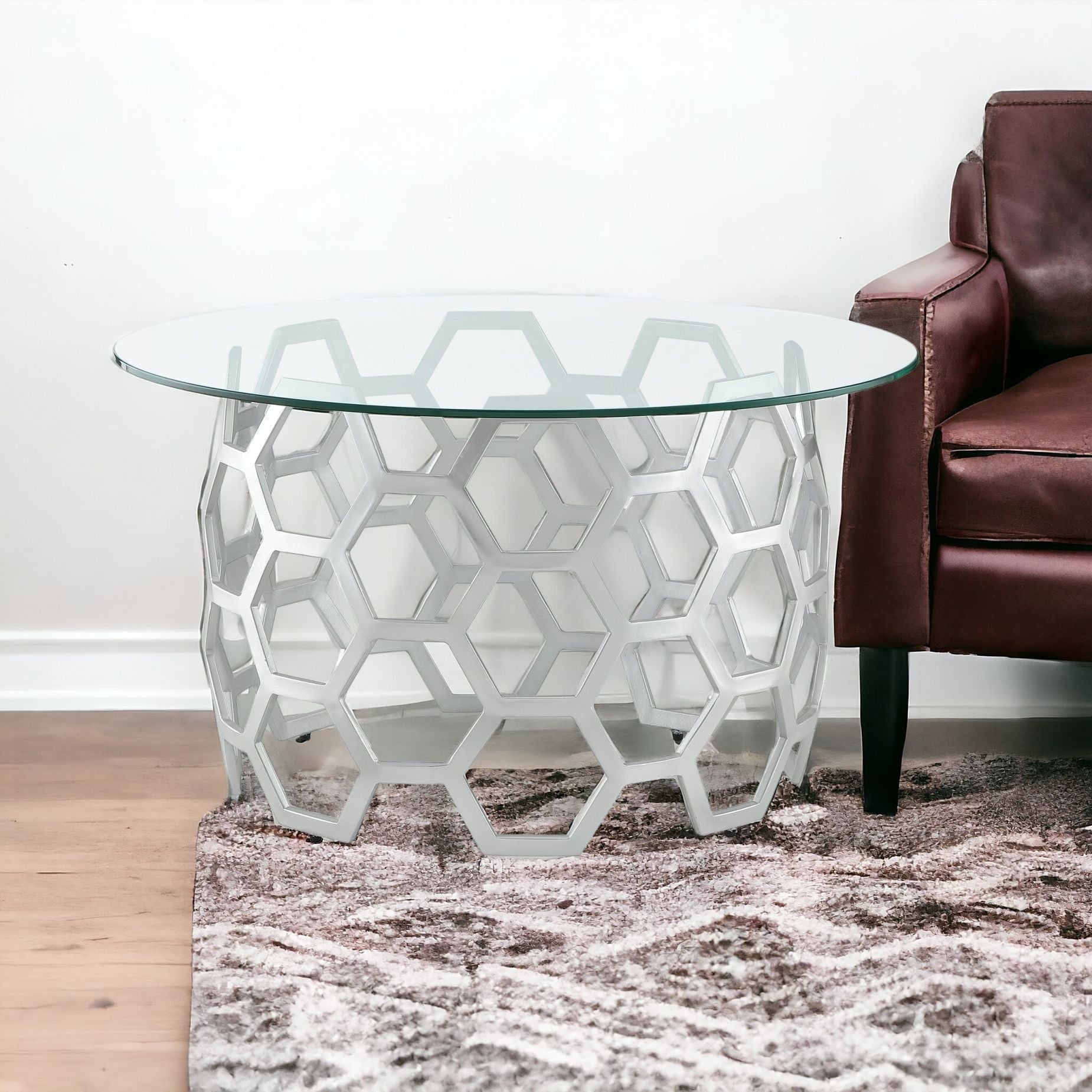 32" Clear And Silver Glass And Iron Round Coffee Table