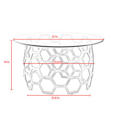 32" Clear And Silver Glass And Iron Round Coffee Table