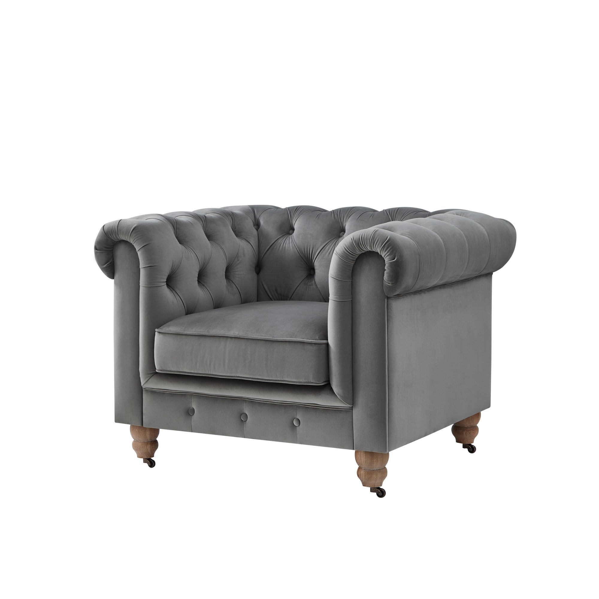 34" Dark Gray And Brown Velvet Tufted Chesterfield Chair