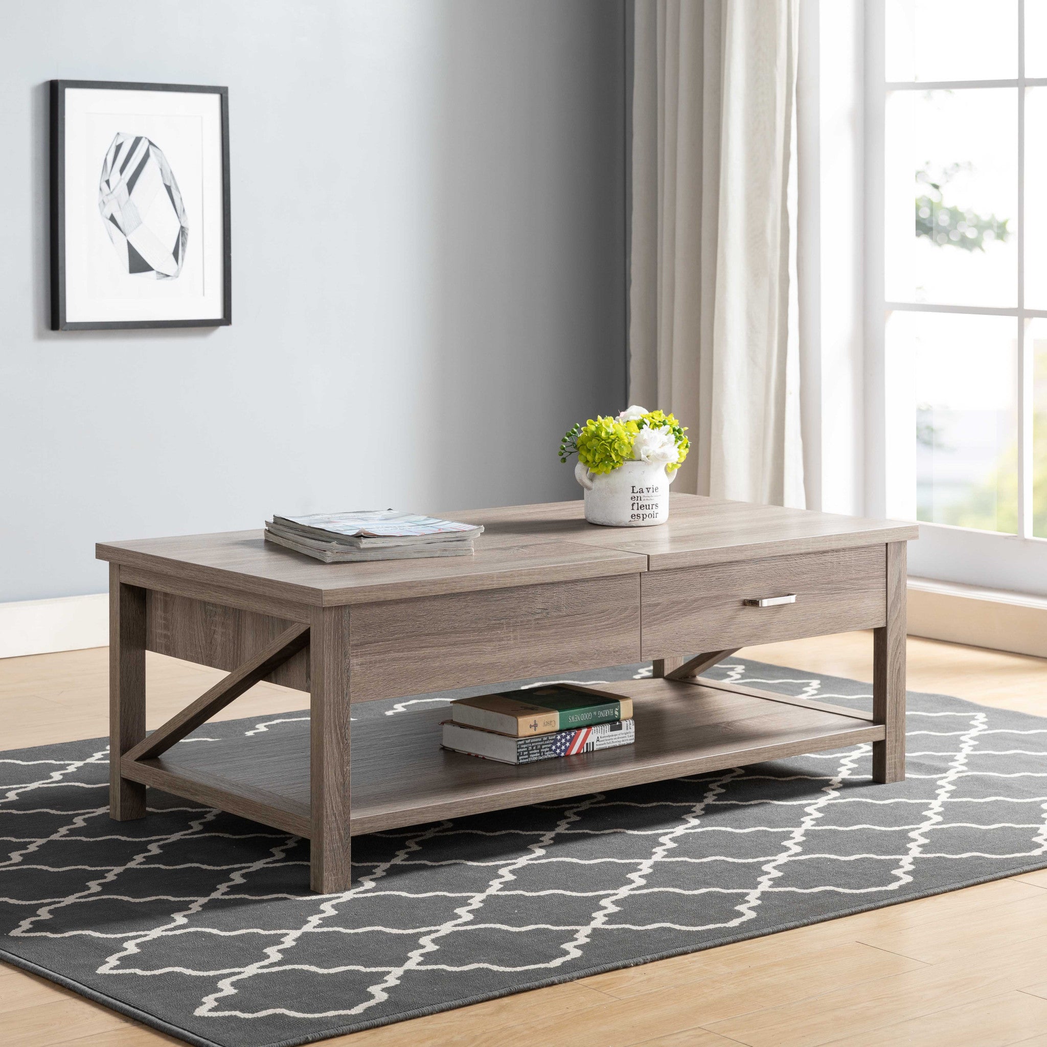 47" Sandy Brown Lift Top Coffee Table With Drawer And Shelf