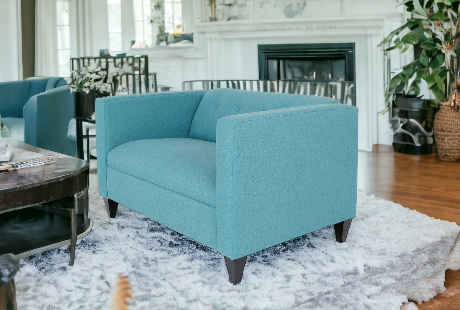 50" Teal Blue And Dark Brown Polyester Blend Loveseat