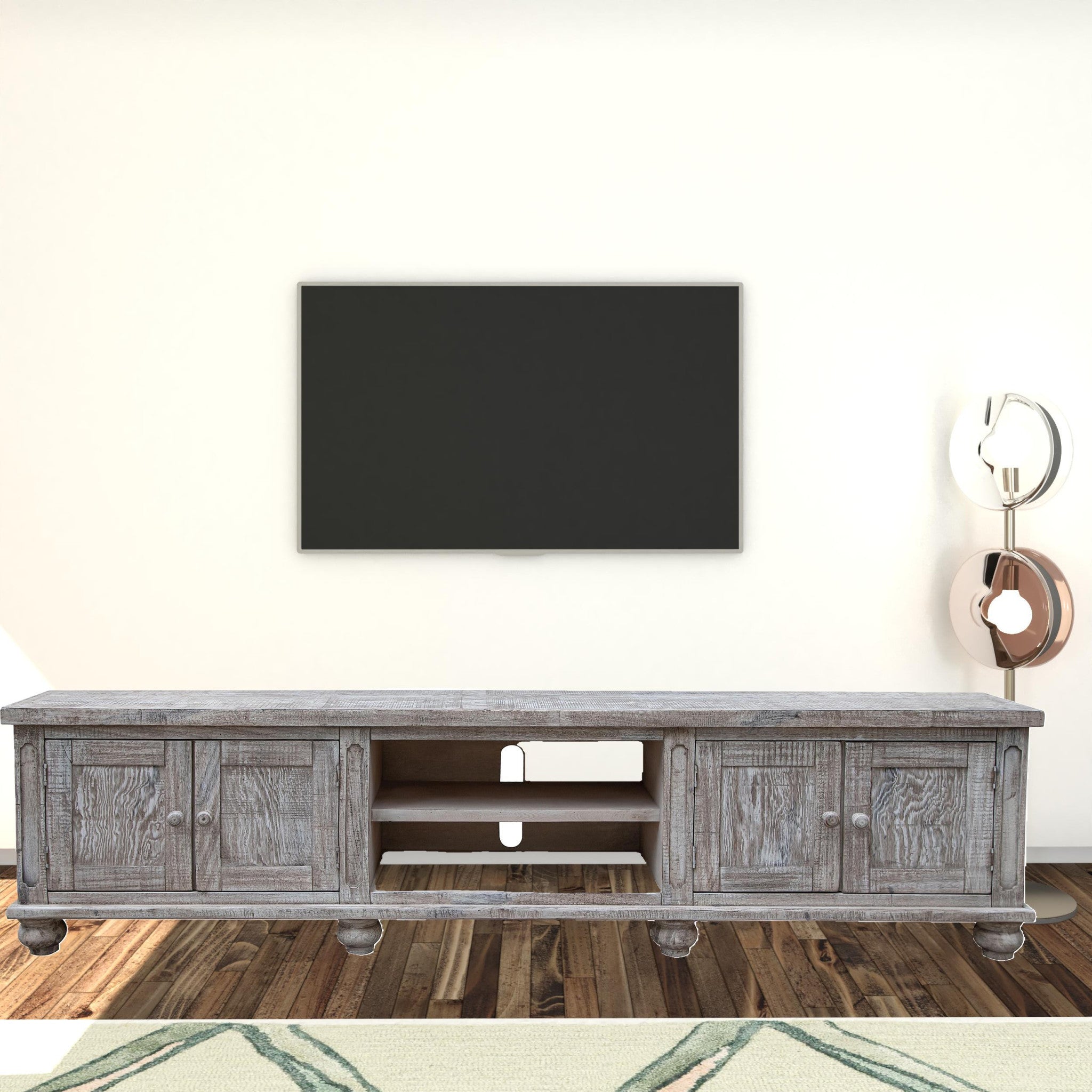 93" Desert Sand Solid Wood Cabinet Enclosed Storage Distressed TV Stand