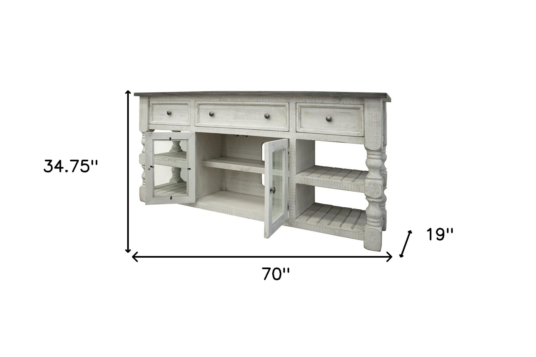 70" Ivory Solid Wood Open shelving Distressed TV Stand