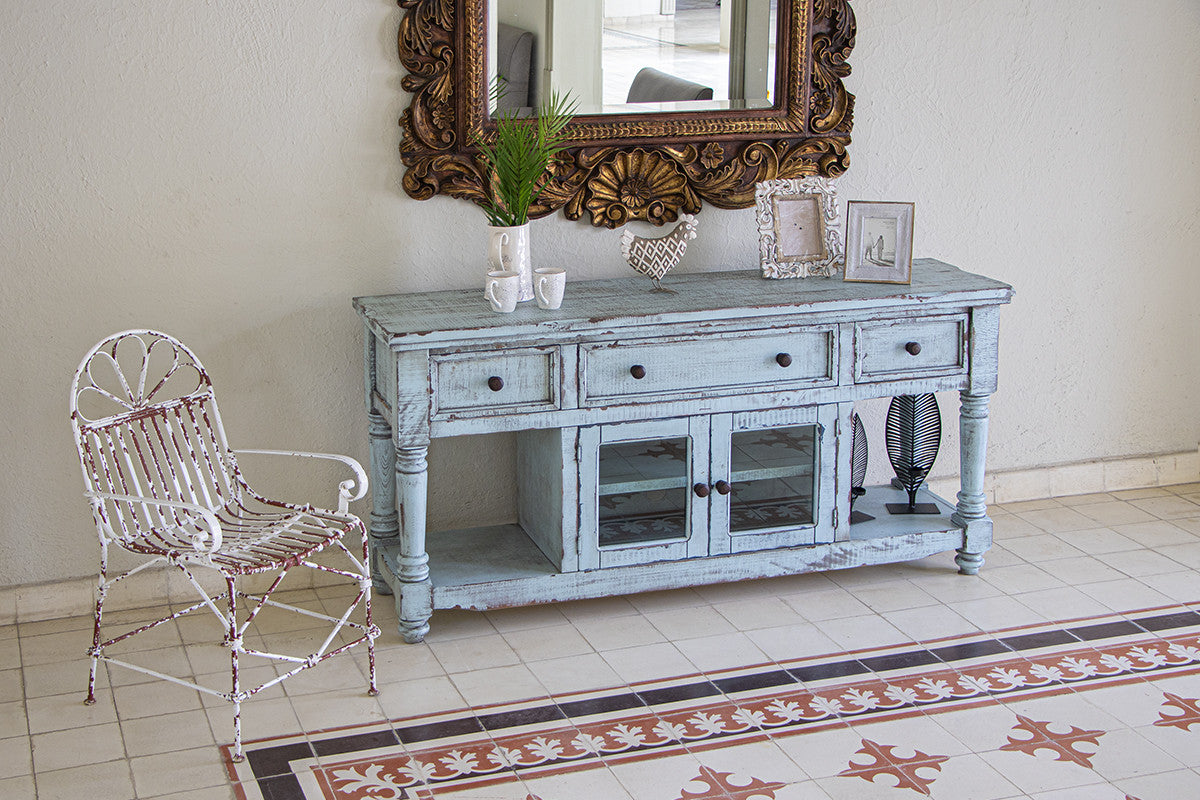 70" Blue Solid Wood Open shelving Distressed TV Stand