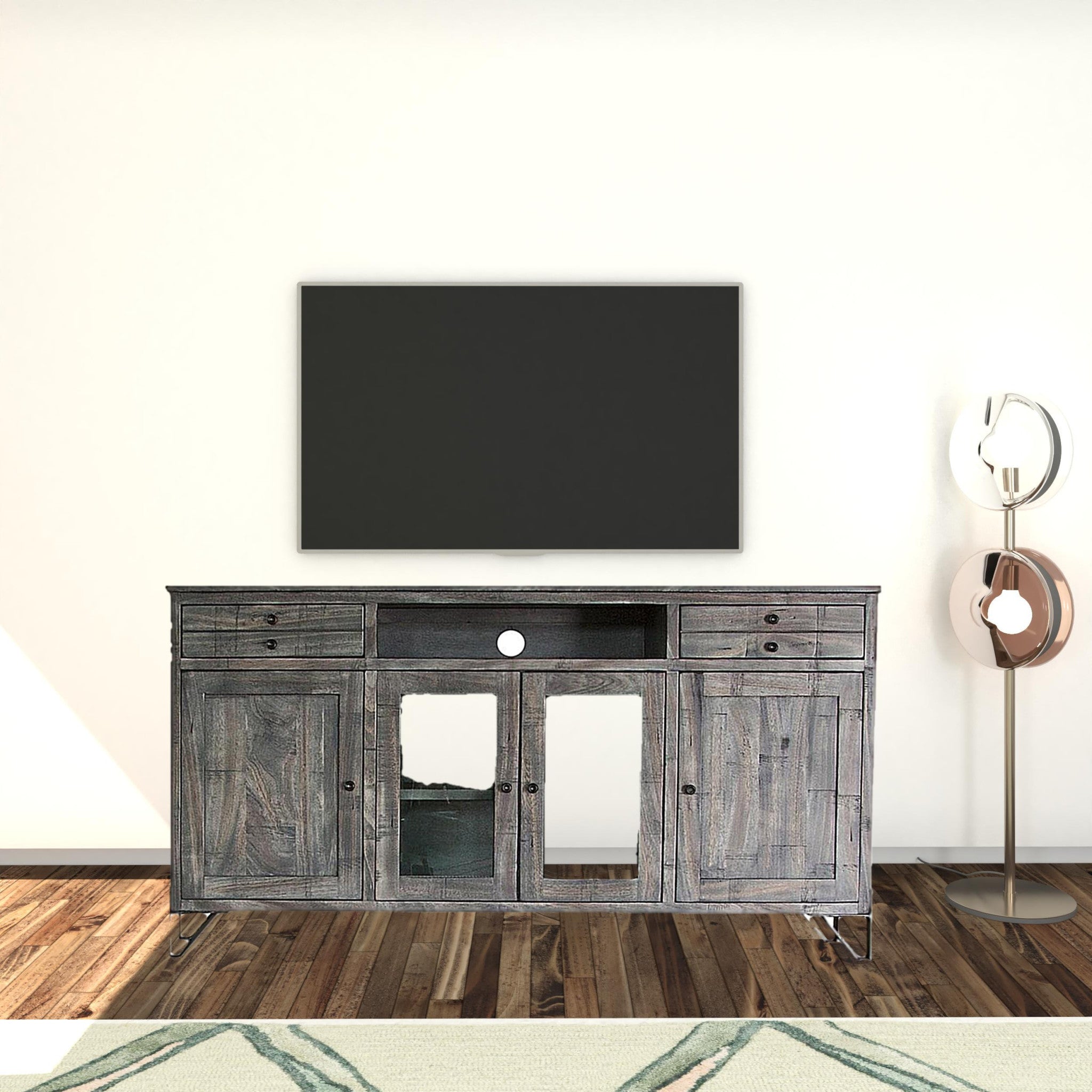 70" Gray Solid Wood Cabinet Enclosed Storage Distressed TV Stand