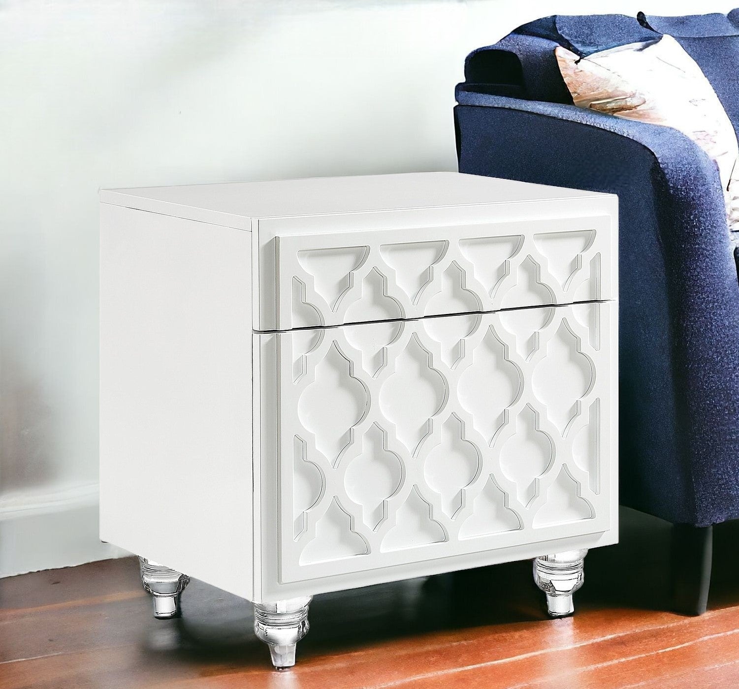 24" Clear and White End Table with Drawer and shelf