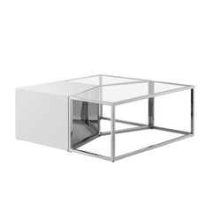 Set of Three 37" Clear And Silver Glass And Stainless Steel Mirrored Bunching Coffee Tables