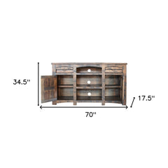 70" Brown Solid Wood Cabinet Enclosed Storage Distressed TV Stand