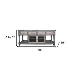 70" Blue and White Solid Wood Open shelving Distressed TV Stand