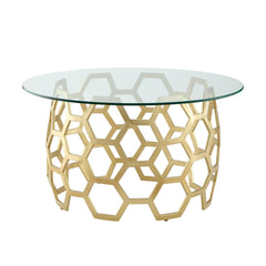 32" Clear And Gold Glass And Iron Round Coffee Table