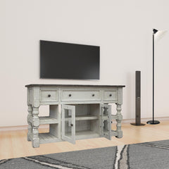 60" Ivory Solid Wood Open shelving Distressed TV Stand