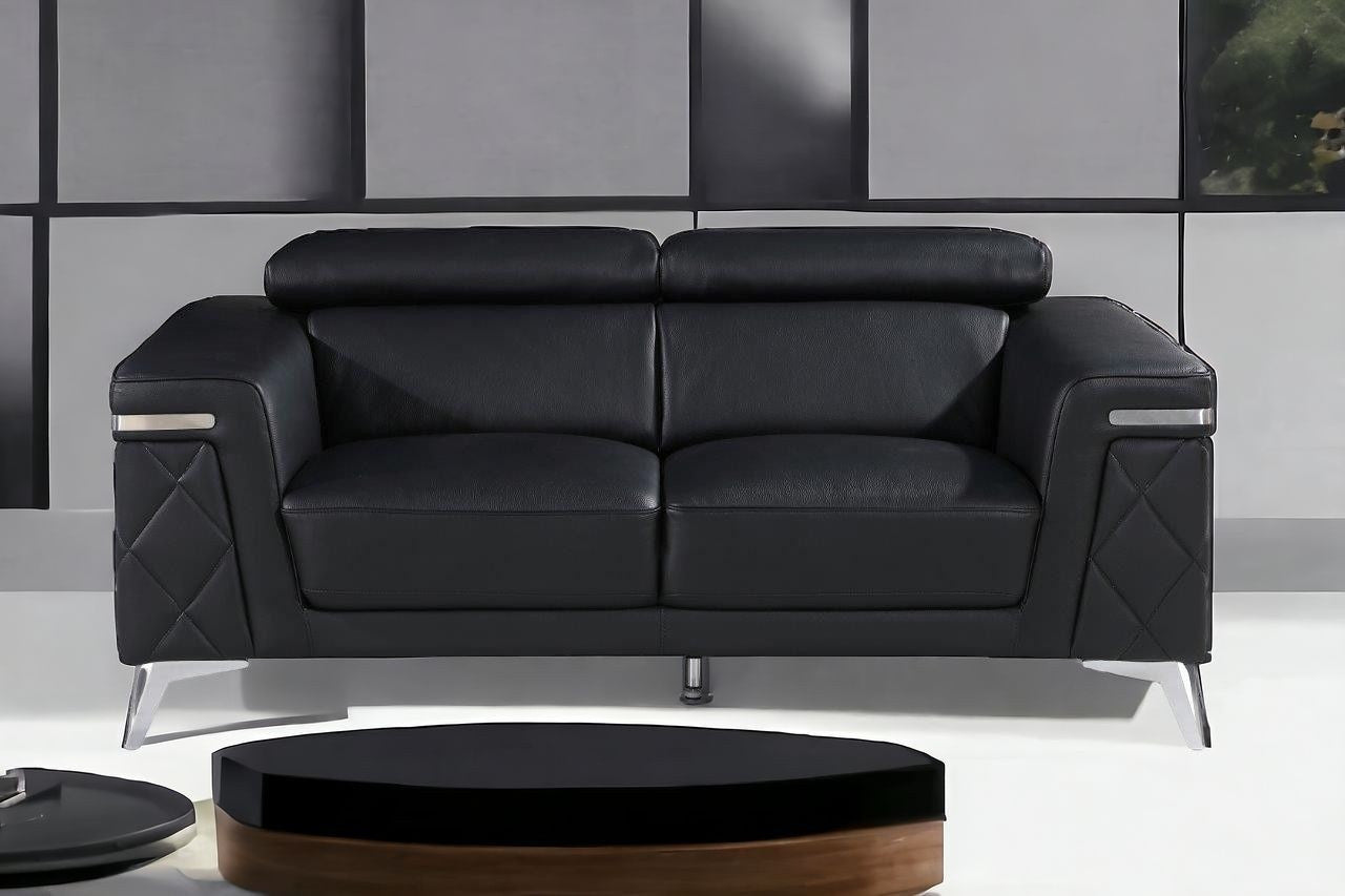 70" Black And Silver Metallic Leather Loveseat