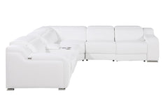 White Italian Leather Power Reclining Curved Six Piece Corner Sectional With Console