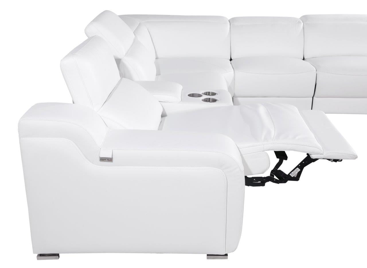 White Italian Leather Power Reclining Curved Six Piece Corner Sectional With Console