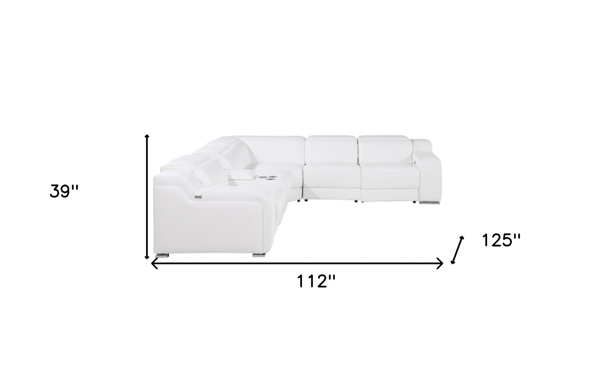 White Italian Leather Power Reclining Curved Six Piece Corner Sectional With Console