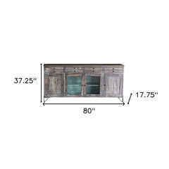 80" Gray Solid Wood Cabinet Enclosed Storage Distressed TV Stand