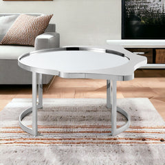 32" Silver Glass And Stainless Steel Round Mirrored Coffee Table