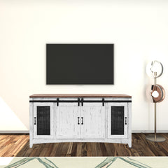 68" White Solid Wood Cabinet Enclosed Storage Distressed TV Stand