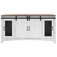 68" White Solid Wood Cabinet Enclosed Storage Distressed TV Stand