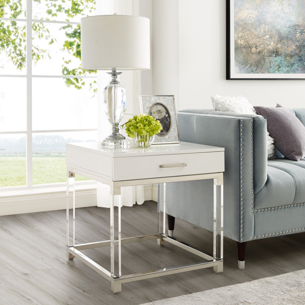 24" Silver Metallic and White End Table with Drawer