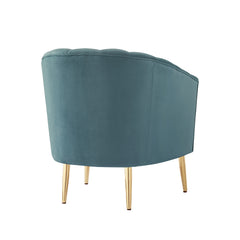 31" Teal Blue And Gold Velvet Tufted Barrel Chair