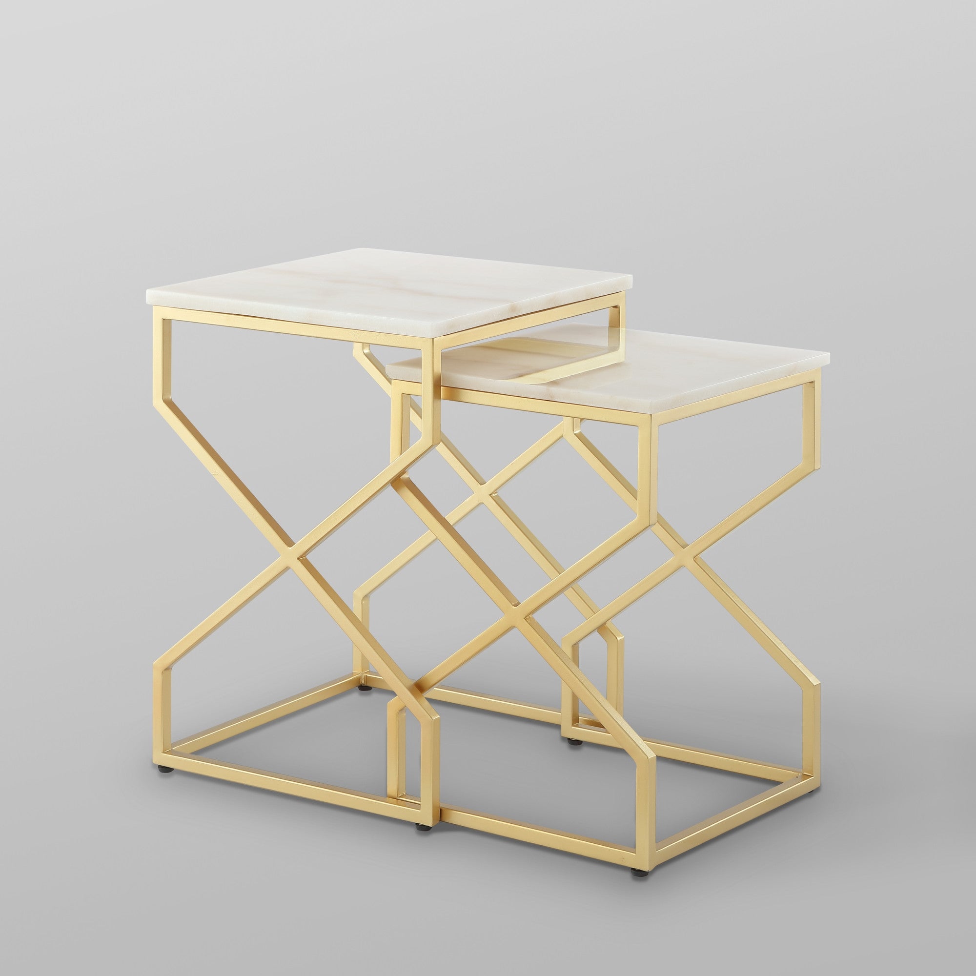 Set of Two 22" Gold and White Marble Nested Tables