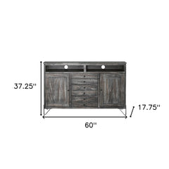 60" Gray Solid Wood Cabinet Enclosed Storage Distressed TV Stand