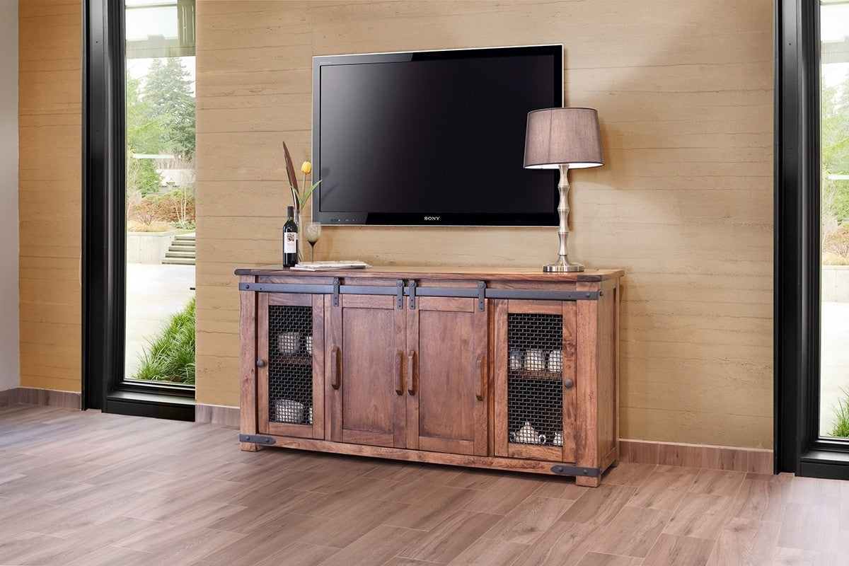 70" Brown Solid Wood Cabinet Enclosed Storage Distressed TV Stand