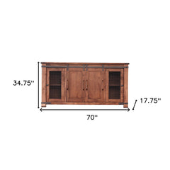 70" Brown Solid Wood Cabinet Enclosed Storage Distressed TV Stand