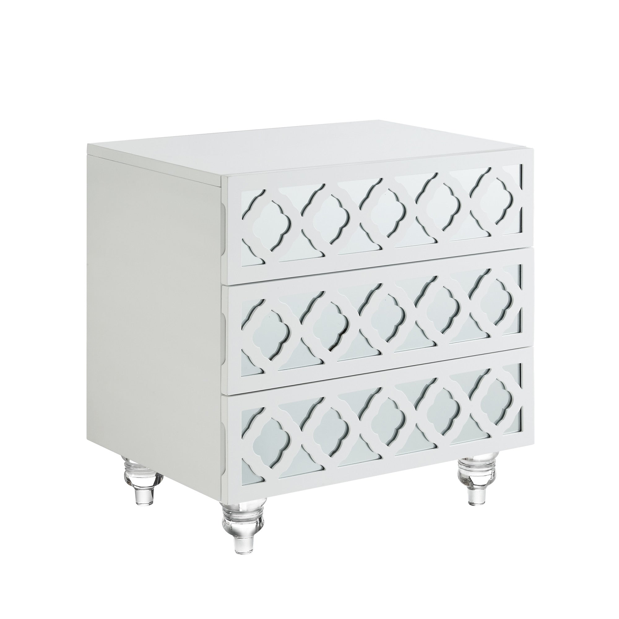 24" Clear and White Mirrored End Table with Three Drawers