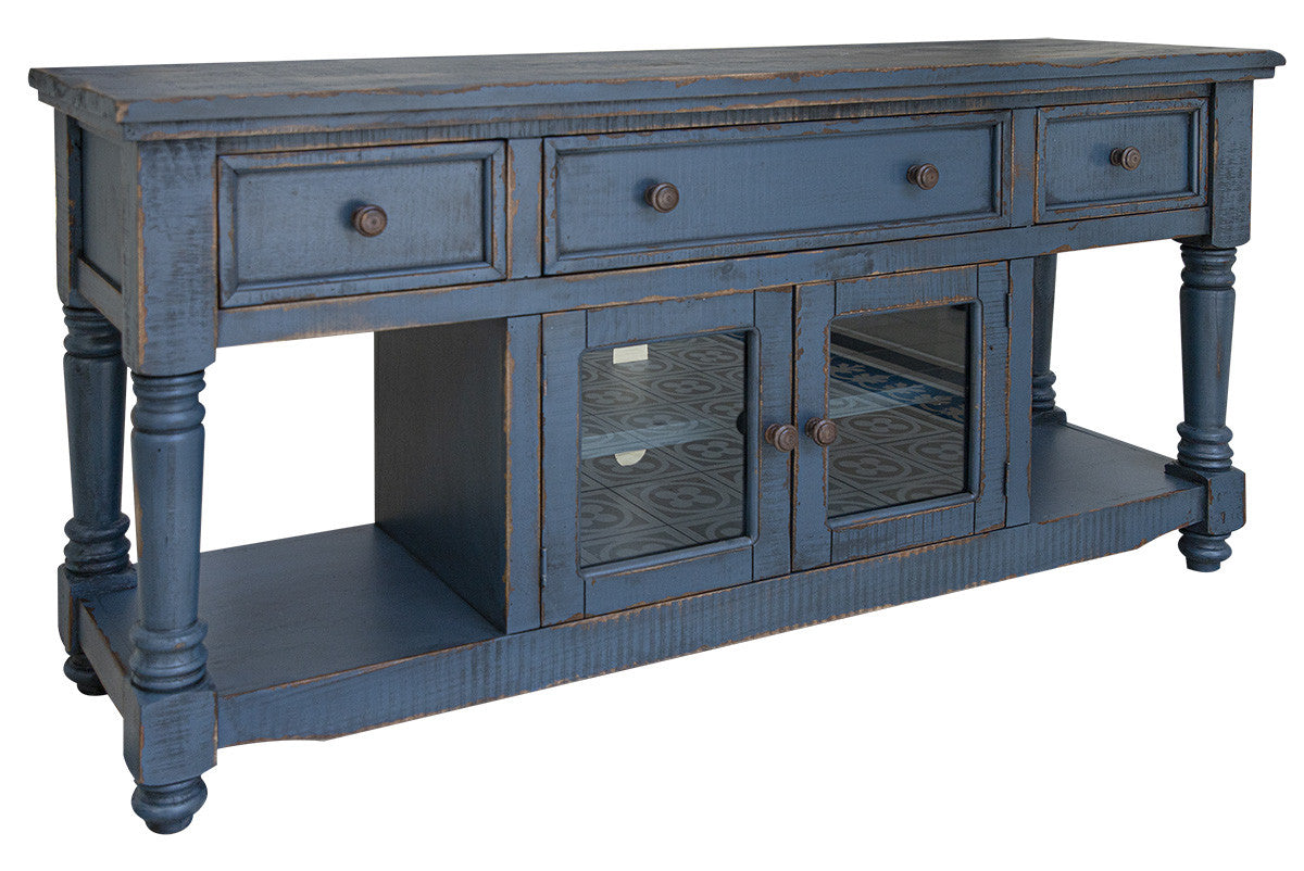 70" Blue Solid Wood Open shelving Distressed TV Stand