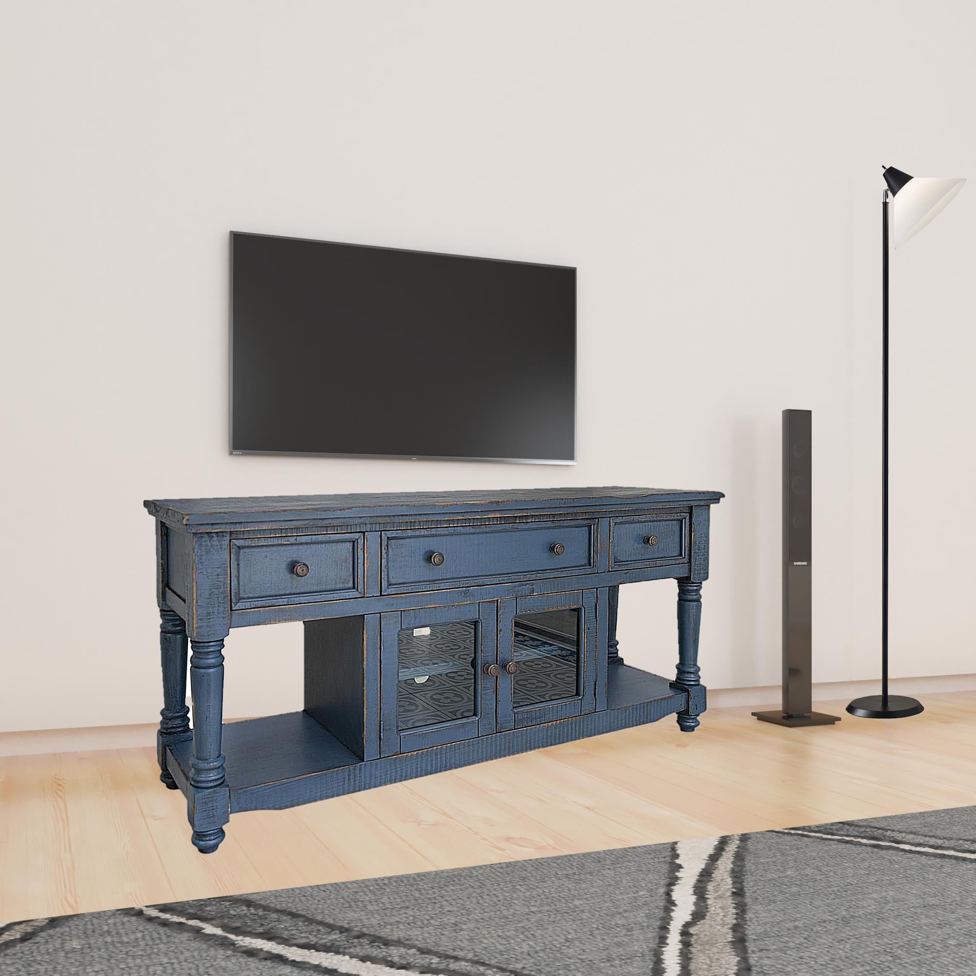 70" Blue Solid Wood Open shelving Distressed TV Stand