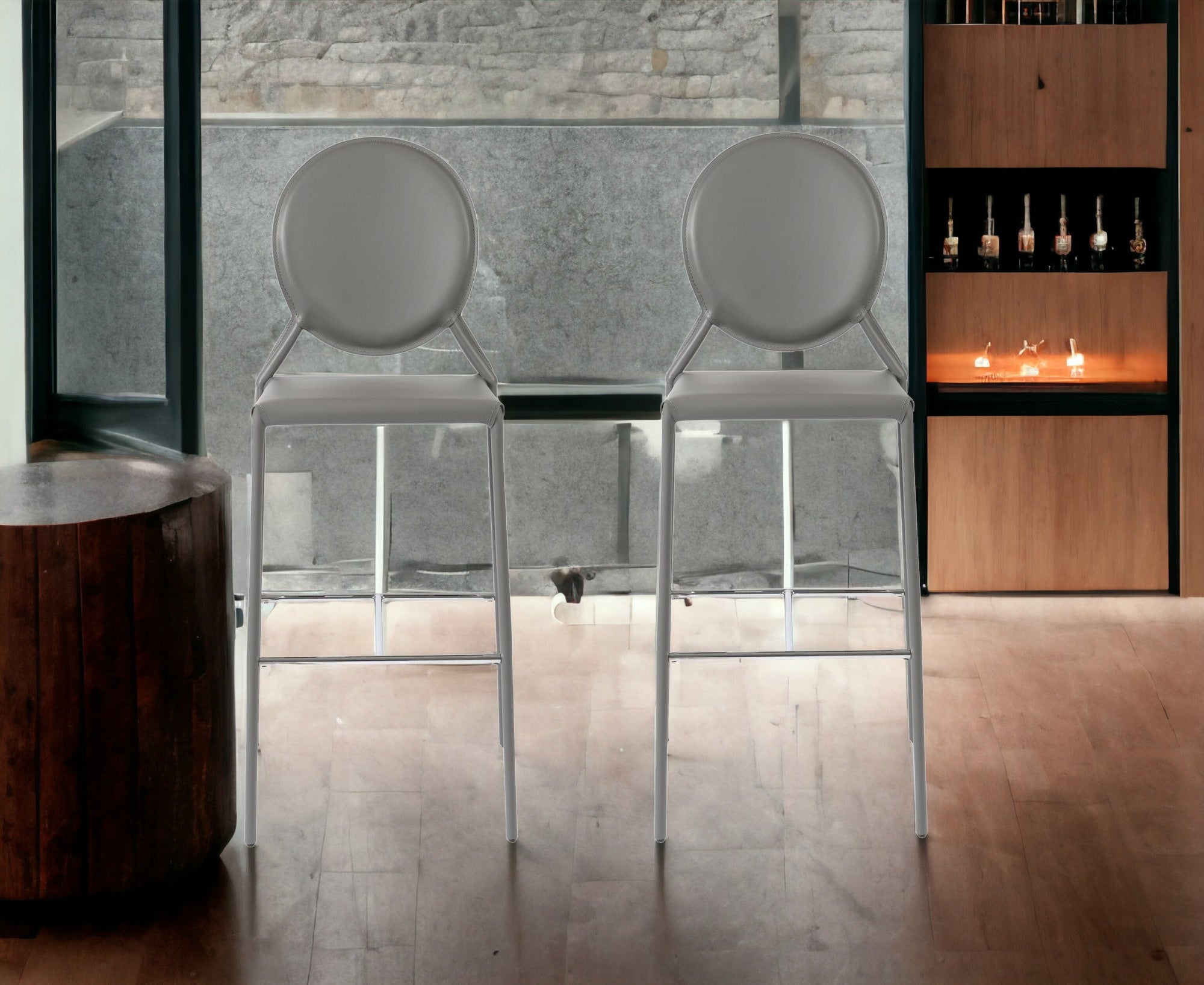 Set of Two 30" Gray Faux Leather Low Back Bar Height Bar Chairs